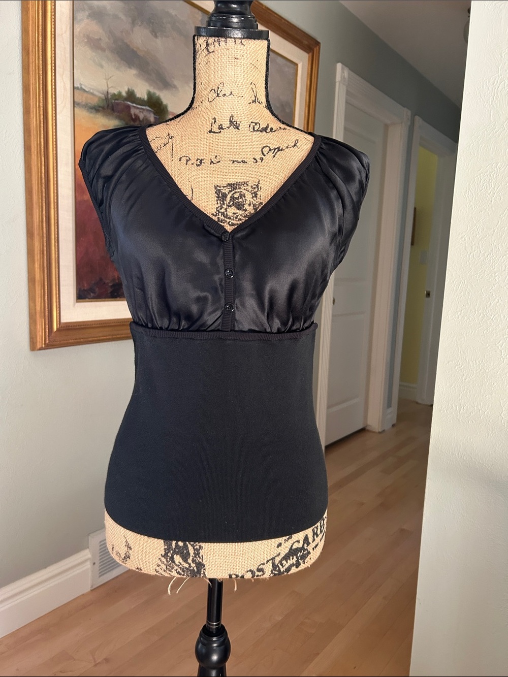Etcetera Black Satin-Top Mixed Fabric Blouse